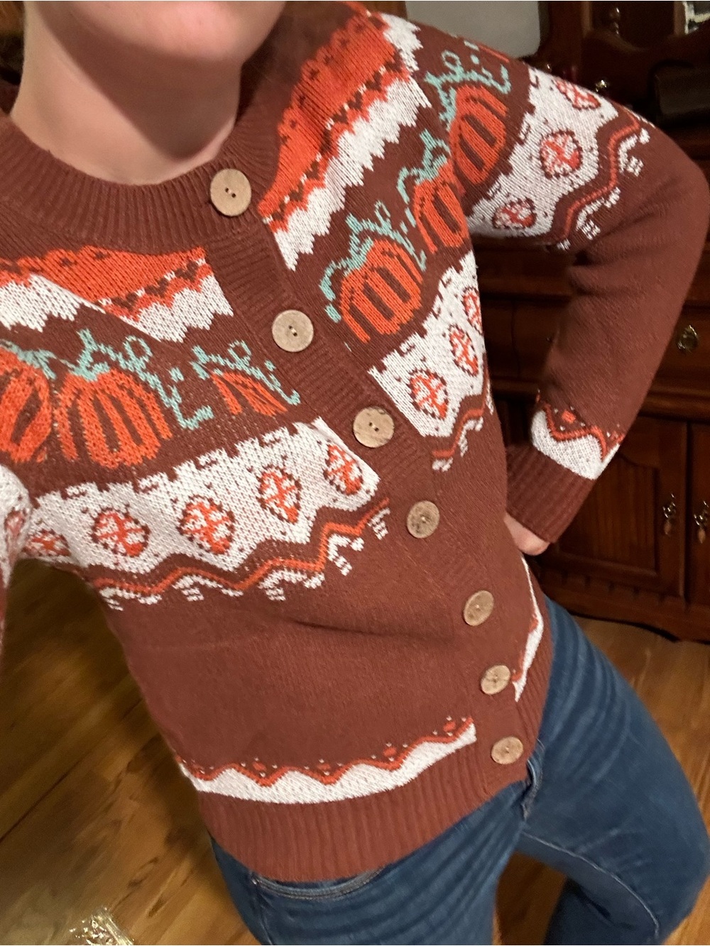 Autumn 🍂 Pumpkin 🎃 Motif Button-Front Sweater Cardigan